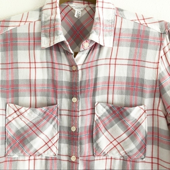 Aeropostale Plaid Flannel Button Down Pink Gray Size Small - Picture 2 of 6